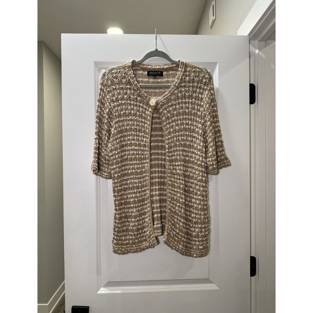 Jones New York Open Cardigan Sweater Women Size 1X Beige White Linen Blend Knit